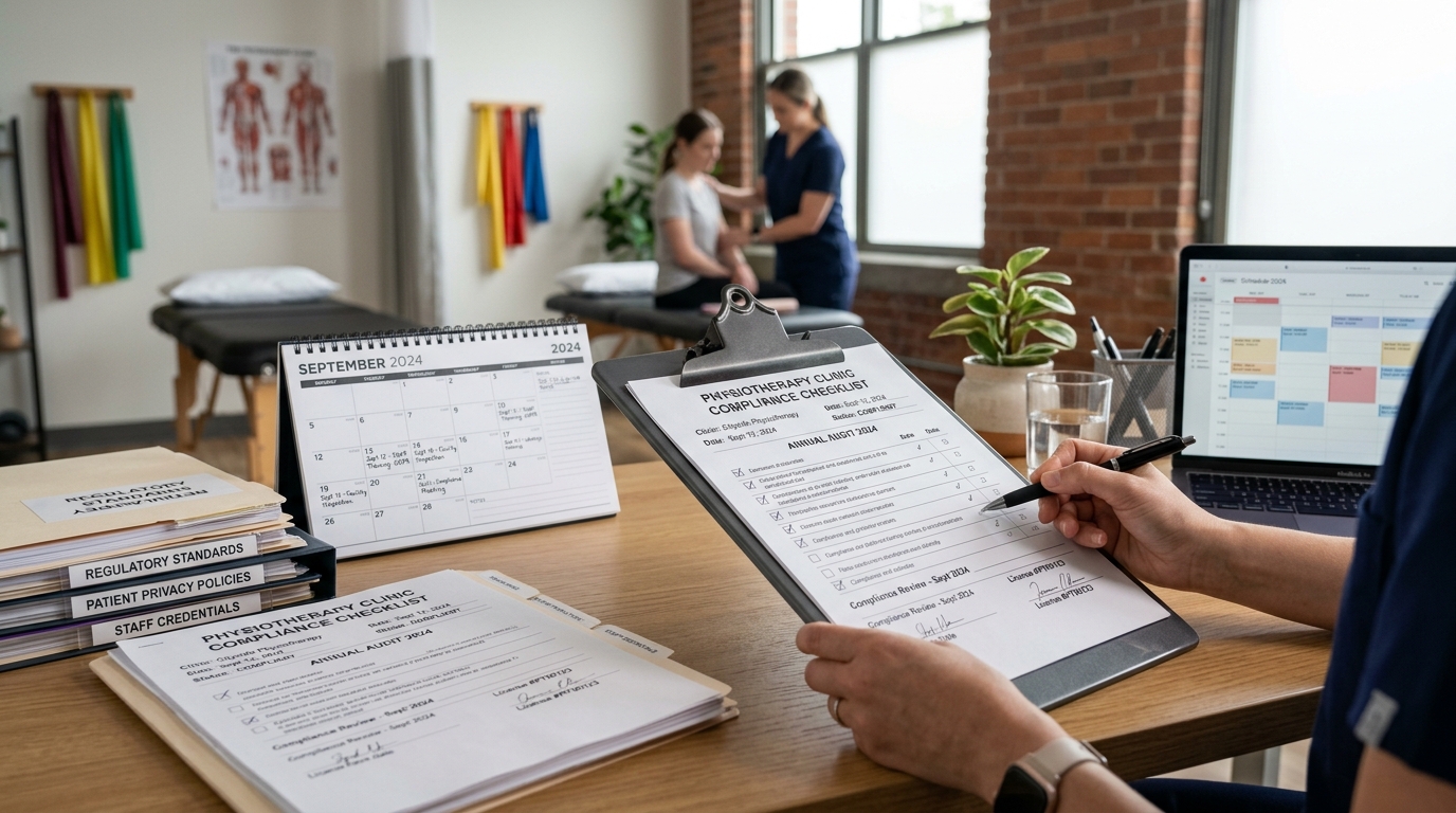Documentos e calendário de licenciamento numa unidade de fisioterapia