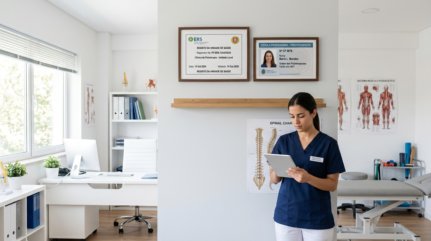 Registo oficial da ERS e cédula profissional de fisioterapia no computador