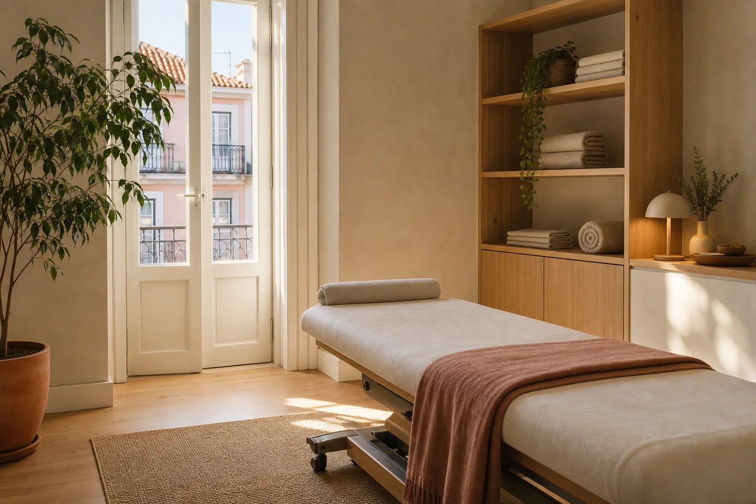Consultório de fisioterapia acolhedor e iluminado.