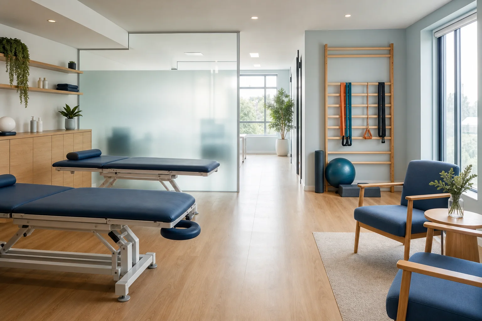 Espaço clínico de fisioterapia luminoso e contemporâneo.