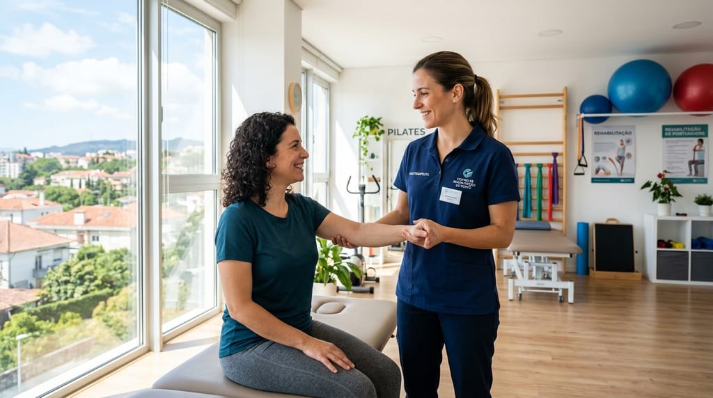 Profissional e paciente numa clínica de fisioterapia em Portugal