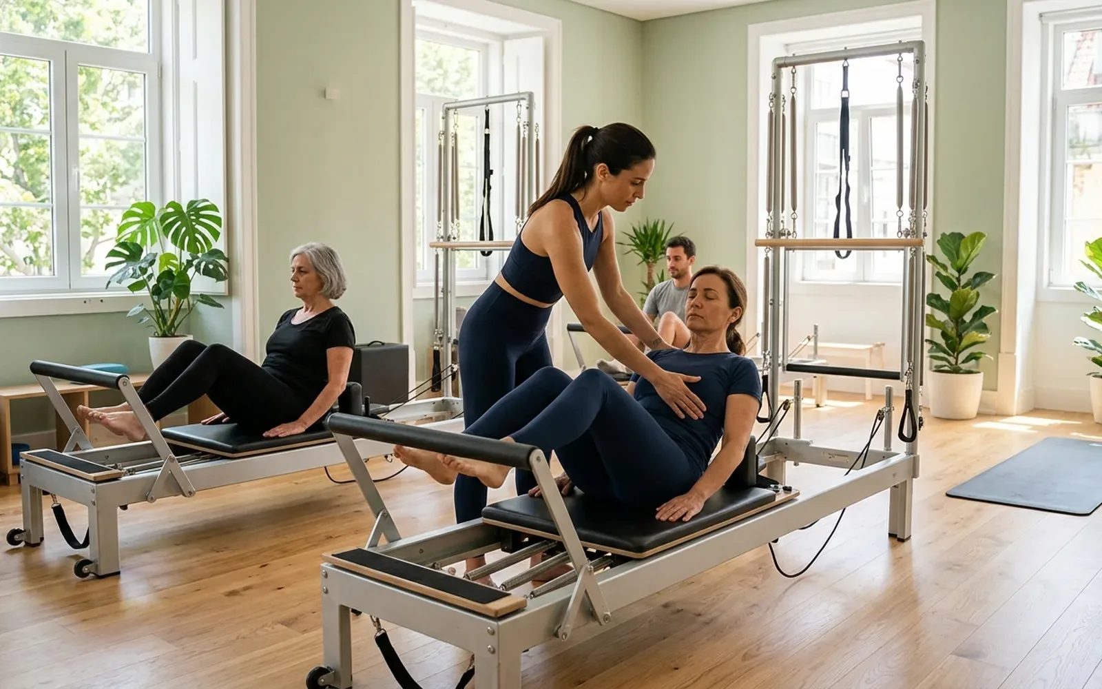 Aula de Pilates clínico em reformers, orientada por fisioterapeuta
