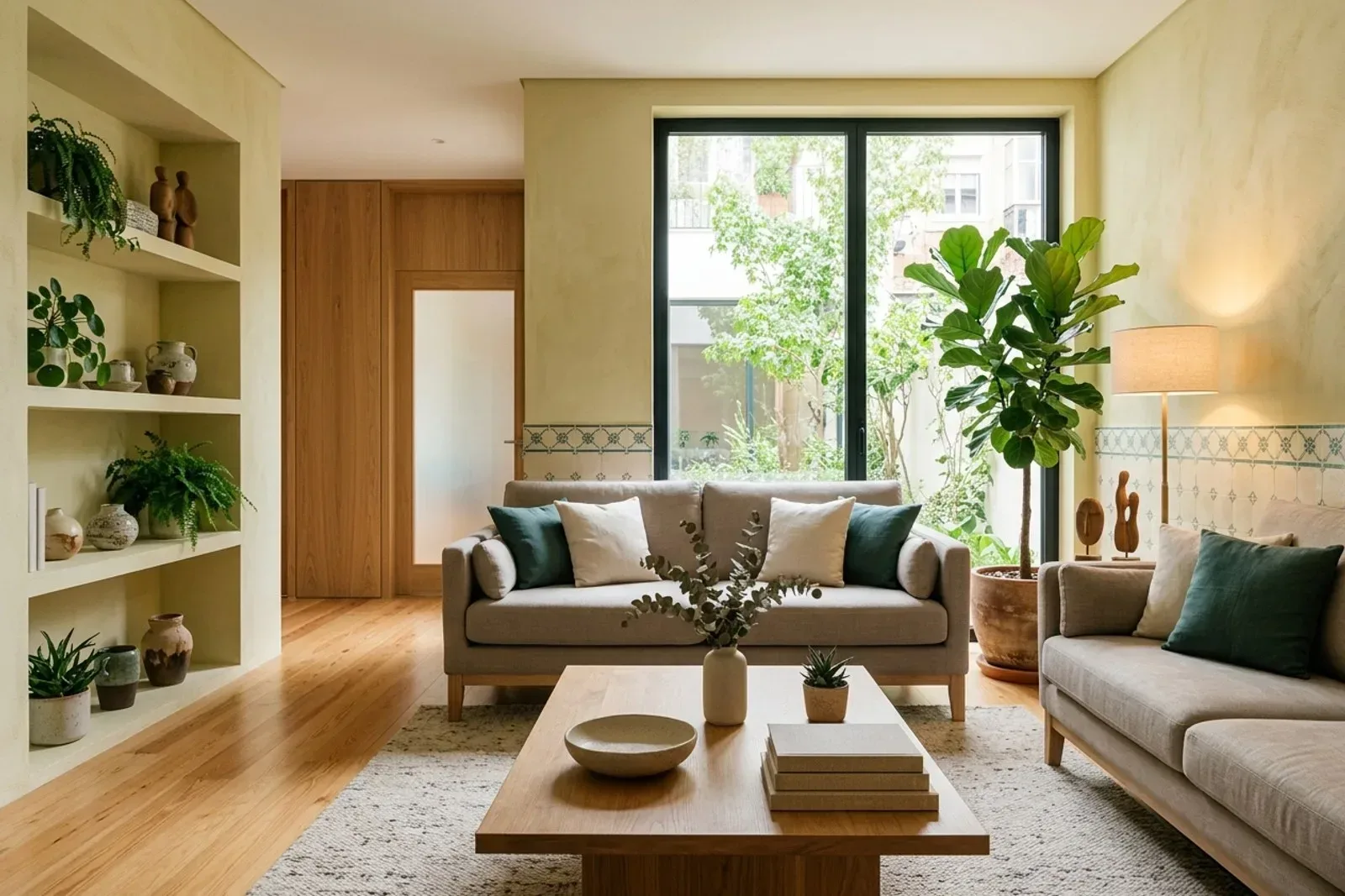 Sala de espera com cadeiras, mesa baixa e luz natural
