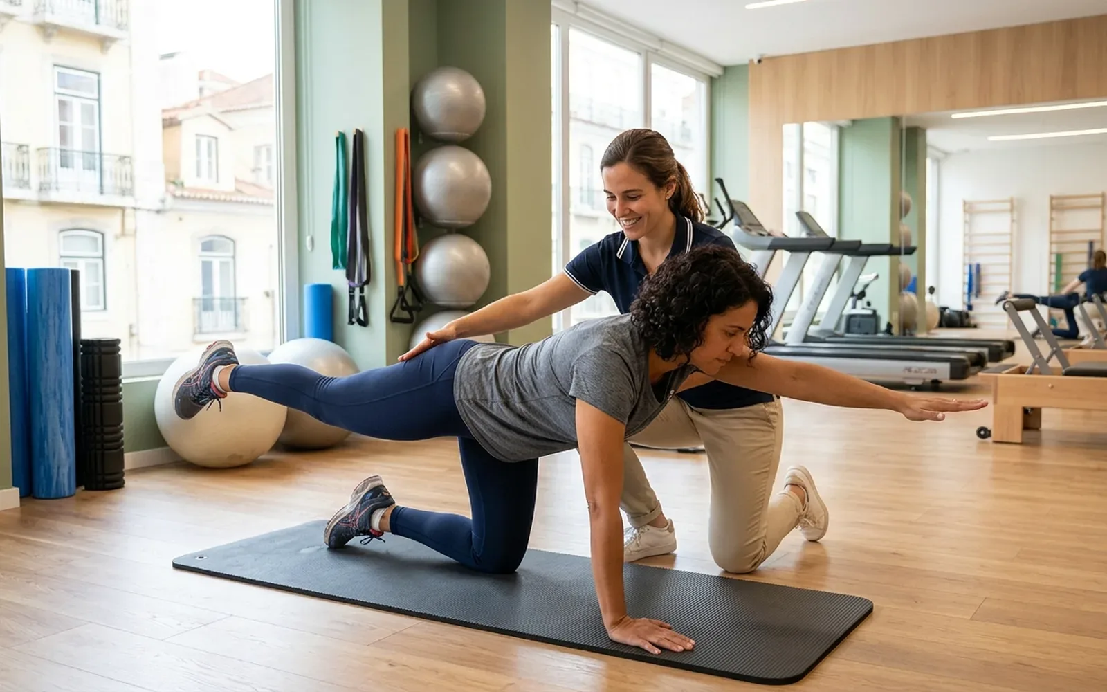 Exercício orientado no ginásio clínico, com a fisioterapeuta a corrigir a postura